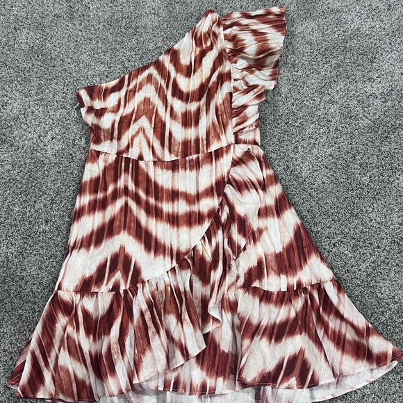 Banana Republic 100% Linen One Shoulder Zebra Brown Cream Mini Dress Size 2P - Picture 4 of 12